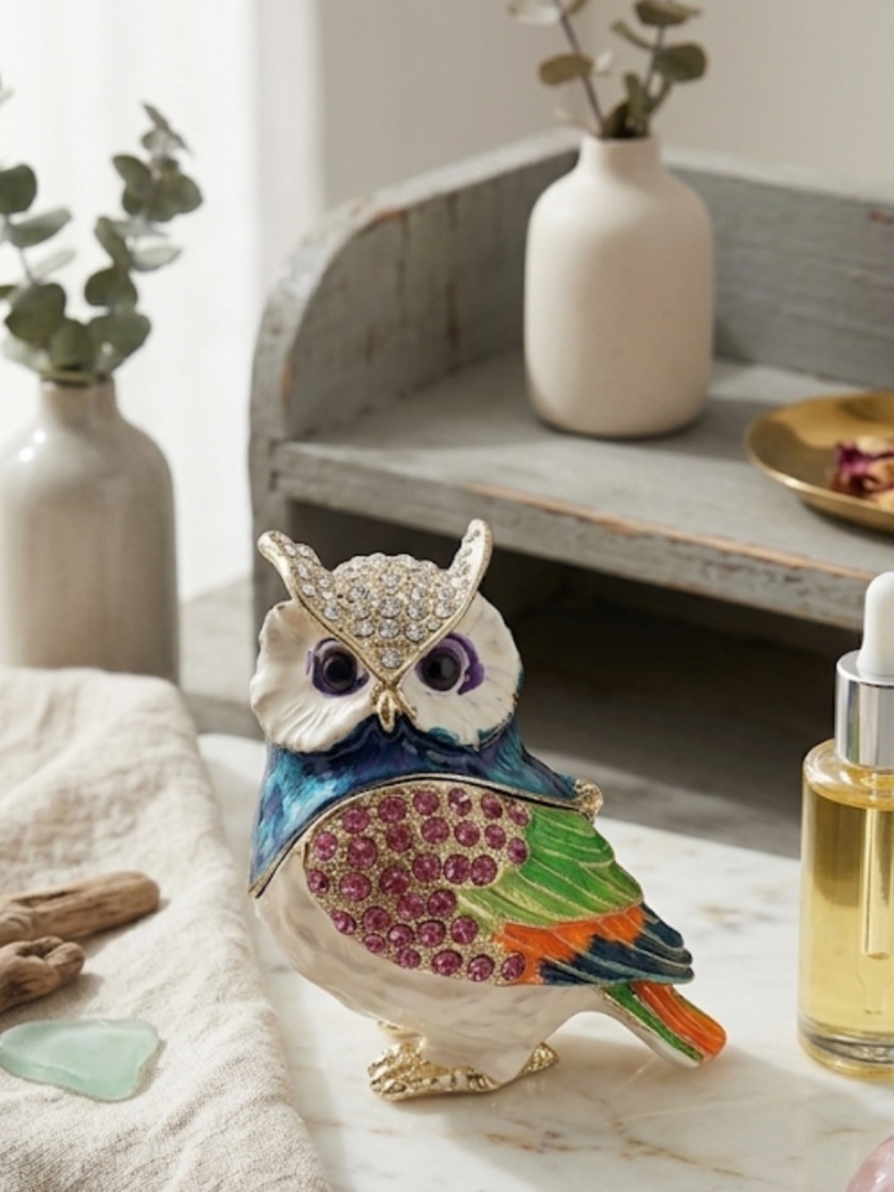 Vintage‑Style Owl Trinket Box | Jeweled Collectible Decor Whimsical Cottagecore